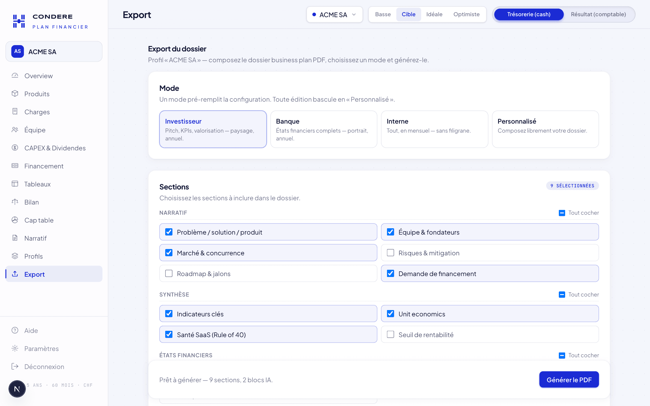 Composer un export — modes investisseur, banque, interne